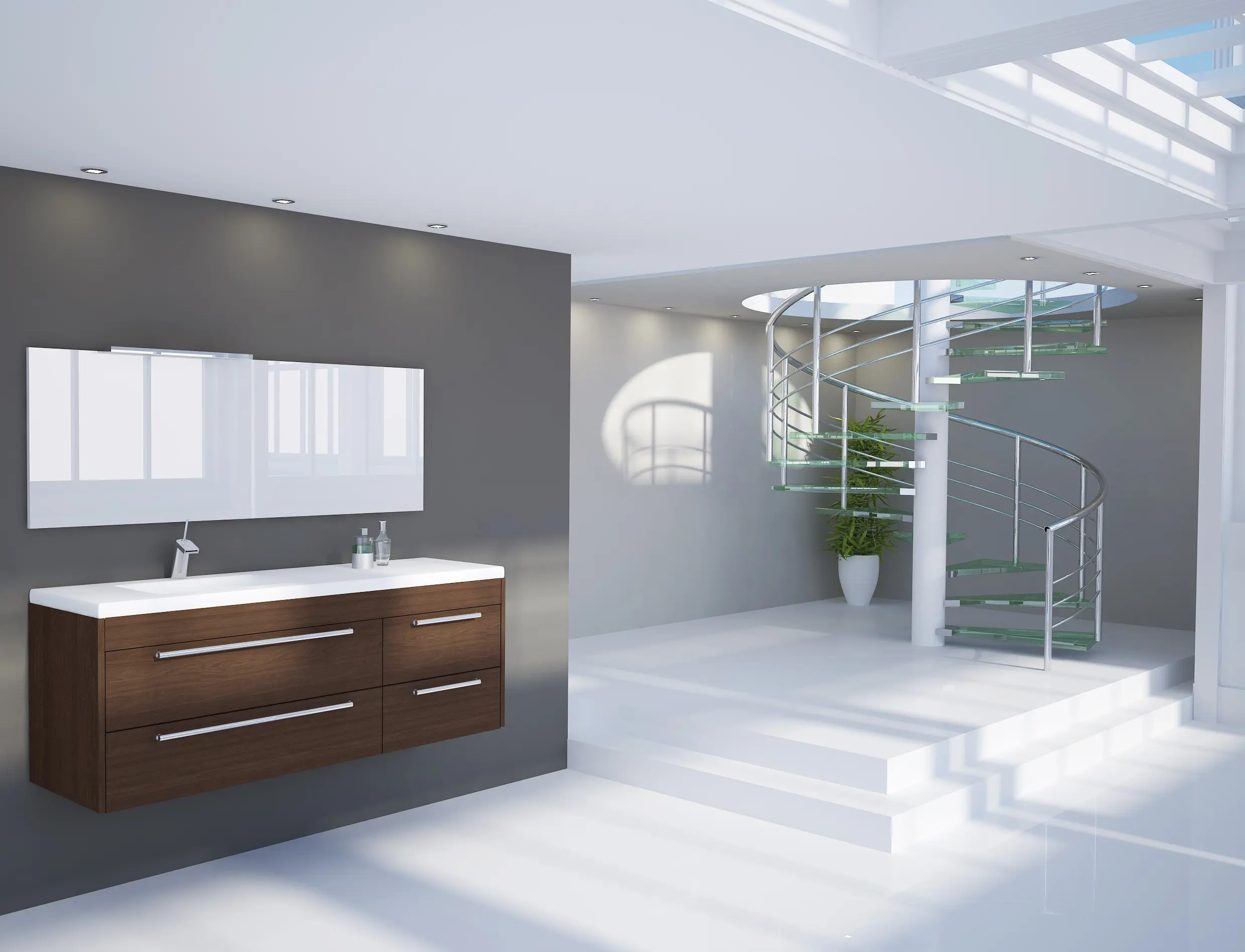 Imagen de un cuarto de baño moderno pintado en tonos blanco y gris muy amplio y luminoso