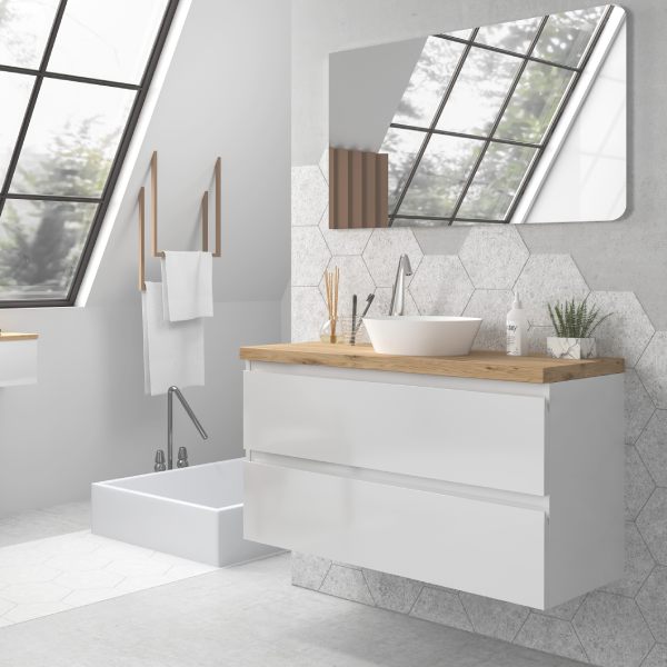 Baño moderno con base de madera para lavabos blancos radiador para