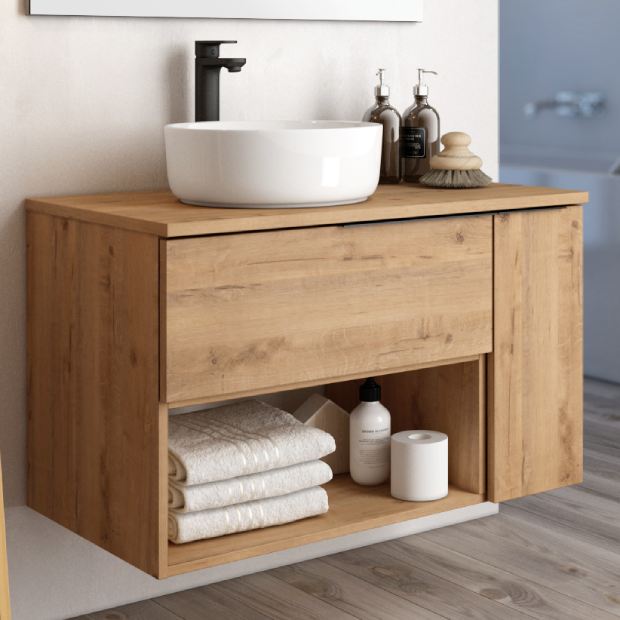 Mueble de baño con lavabo de piedra imitacion madera
