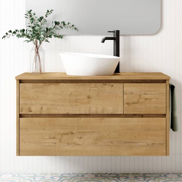 mueble de baño dos cajones y estantería, lavabo sobreencimera, espejo  redondo